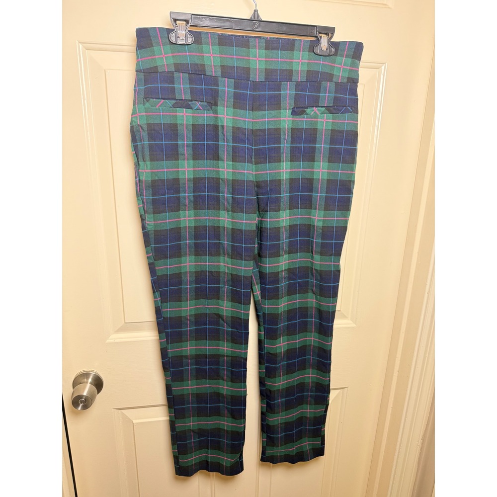 Crown & Ivy Plaid Ankle Pants Green Navy Pink Bow Hem Pull On Trousers 14